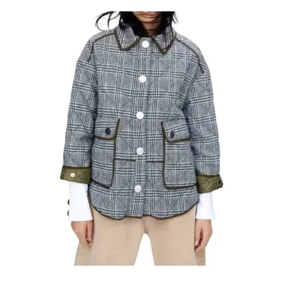 Zara Boxy Plaid Coat Jacket Medium Green Gray Check Button Front Utility Pockets - Picture 12 of 12